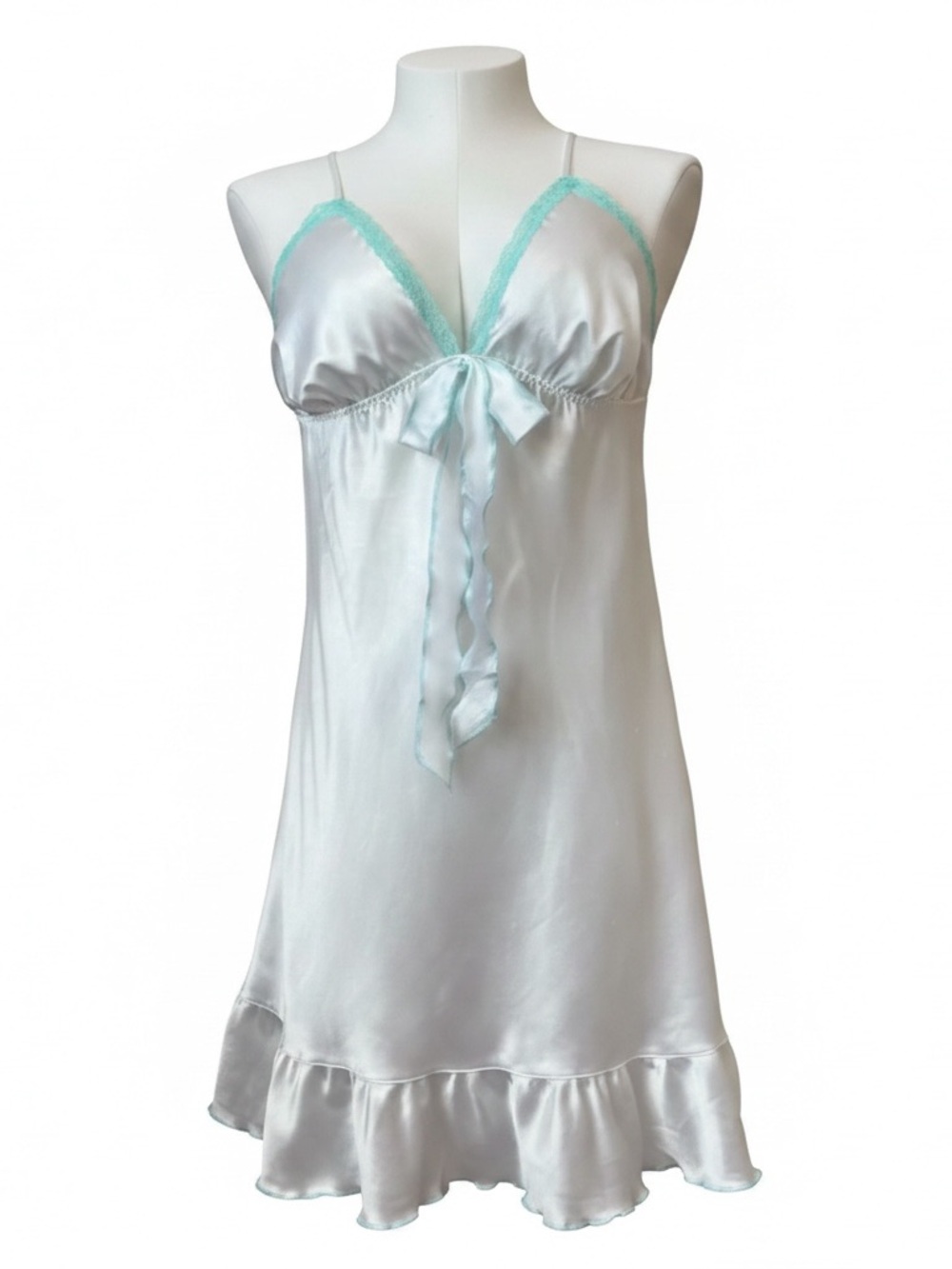 Silky Satin Chemise Nightdress with Lace Trim - White